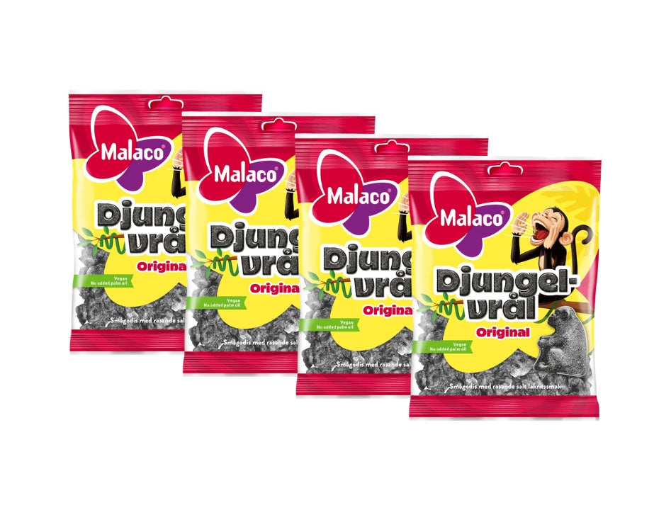 4 × Malaco Djungelvrål 90g (3.17 oz) – Original Swedish Extra Salty Salmiak Licorice Candy