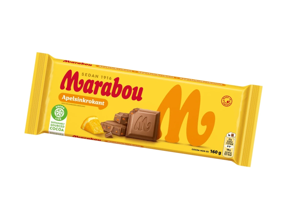Marabou Chokladkaka Apelsinkrokant 160g (5.64 oz) – Authentic Swedish Milk Chocolate with Orange Croquant