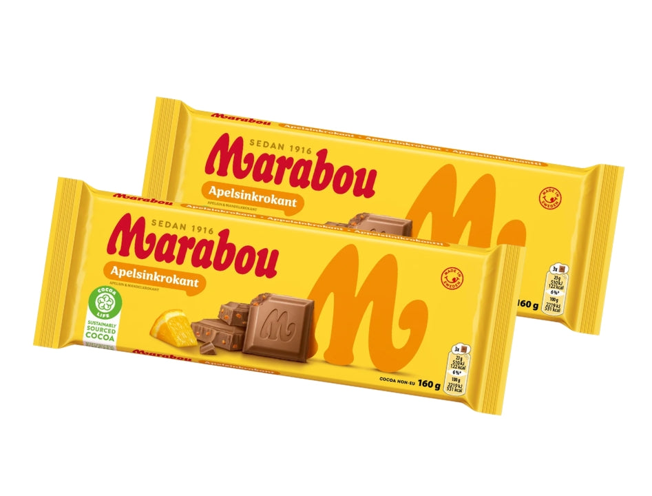 Marabou Chokladkaka Apelsinkrokant 2 × 160g (2 × 5.64 oz) – Authentic Swedish Milk Chocolate with Orange Croquant