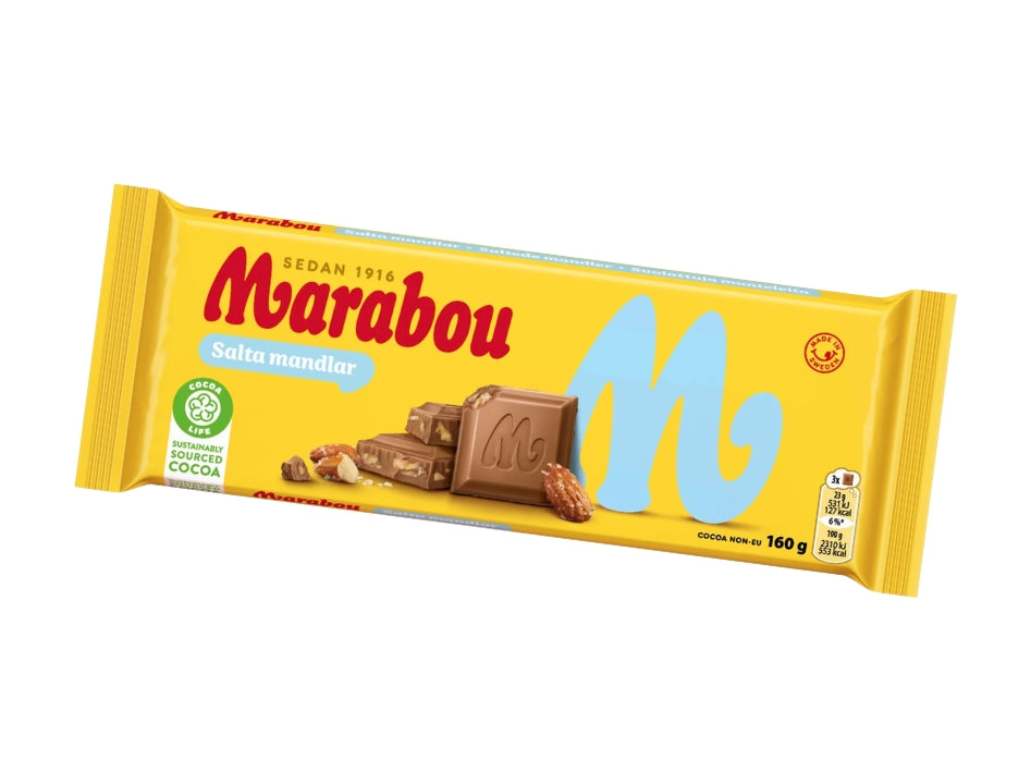 Marabou Chokladkaka Salta Mandlar 160g (5.64 oz) – Authentic Swedish Milk Chocolate with Salted Almonds