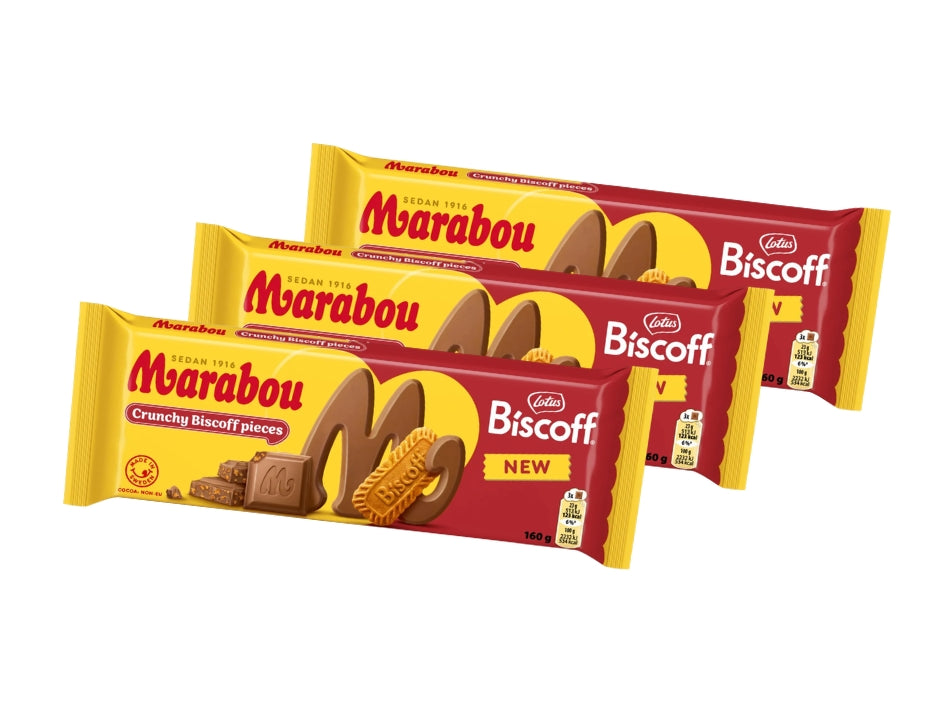Marabou Chokladkaka Biscoff 3 × 160g (3 × 5.64 oz) – Authentic Swedish Milk Chocolate with Lotus Biscoff Biscuits
