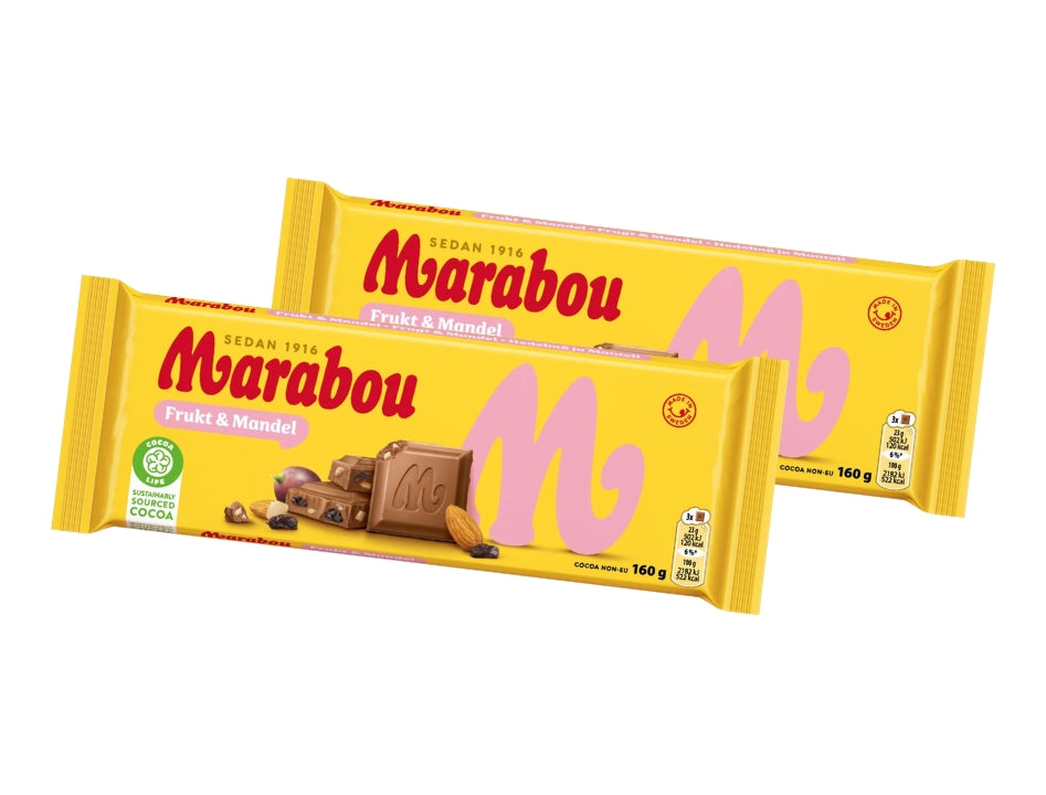 Marabou Chokladkaka Frukt & Mandel 2 × 160g (2 × 5.64 oz) – Authentic Swedish Milk Chocolate with Raisins & Almonds