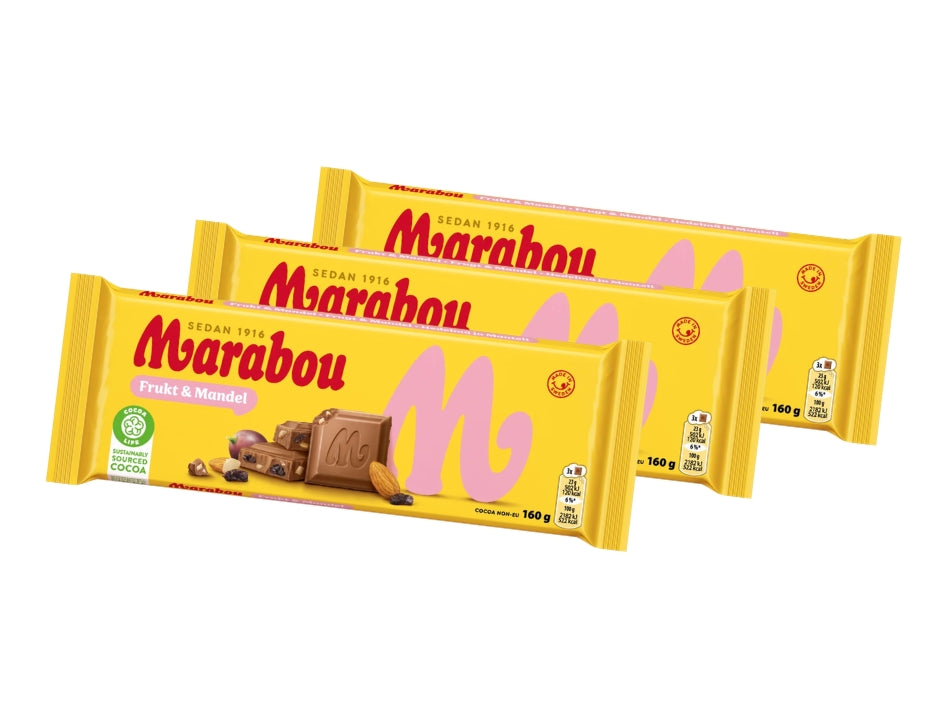 Marabou Chokladkaka Frukt & Mandel 3 × 160g (3 × 5.64 oz) – Authentic Swedish Milk Chocolate with Raisins & Almonds
