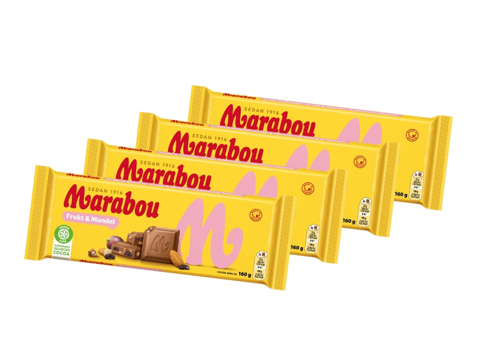 Marabou Chokladkaka Frukt & Mandel 4 × 160g (4 × 5.64 oz) – Authentic Swedish Milk Chocolate with Raisins & Almonds