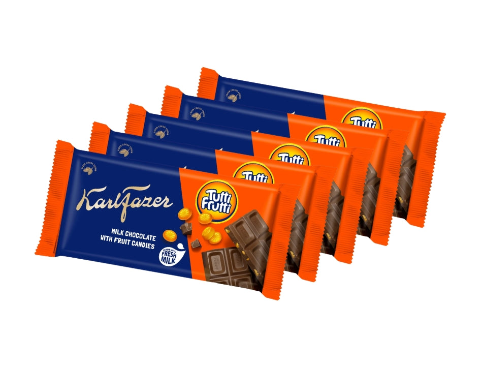 5 × Fazer Chokladkaka Tuttifrutti 145g – Finnish Milk Chocolate with Tutti Frutti Candy Pieces