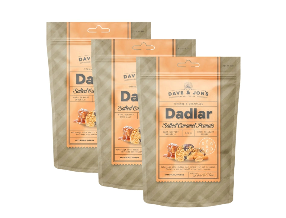 3 x Dave & Jon's Dadlar Salted Caramel Peanuts 125g (4.40 oz) – Natural Swedish Date Snack with Peanuts