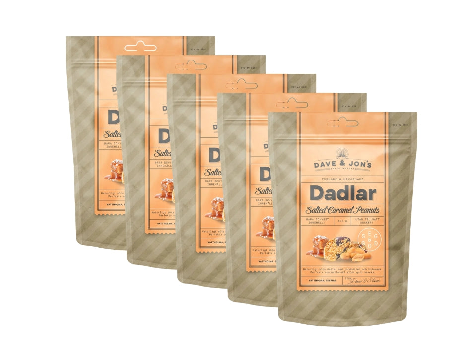 5 x Dave & Jon's Dadlar Salted Caramel Peanuts 125g (4.40 oz) – Natural Swedish Date Snack with Peanuts