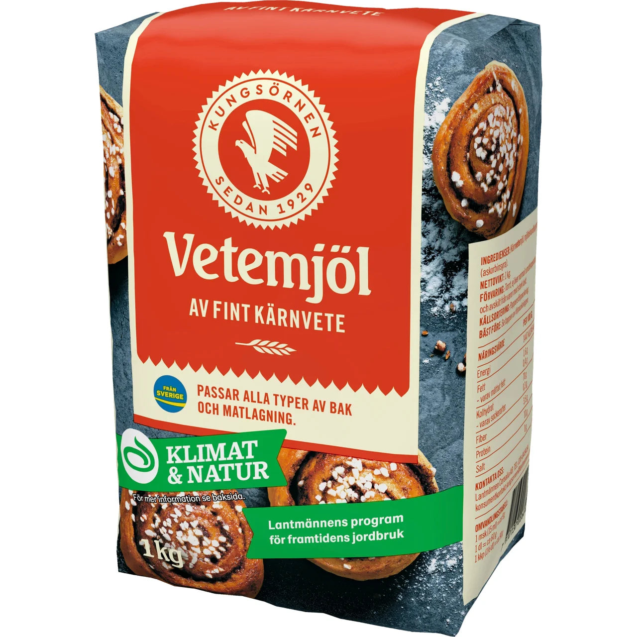 Kungsörnen Vetemjöl av Fint Kärnvete 1kg – Swedish wheat flour for baking and cooking, from Sweden, made by Kungsörnen since 1929

