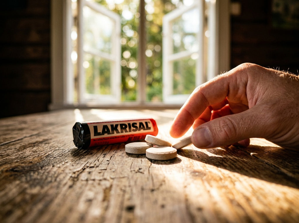 Lakrisal 25g red and black roll lying on a rustic wooden table with three white pressed salmiak pastilles beside it, hand reaching to pick one up, open summer window with green trees in background
