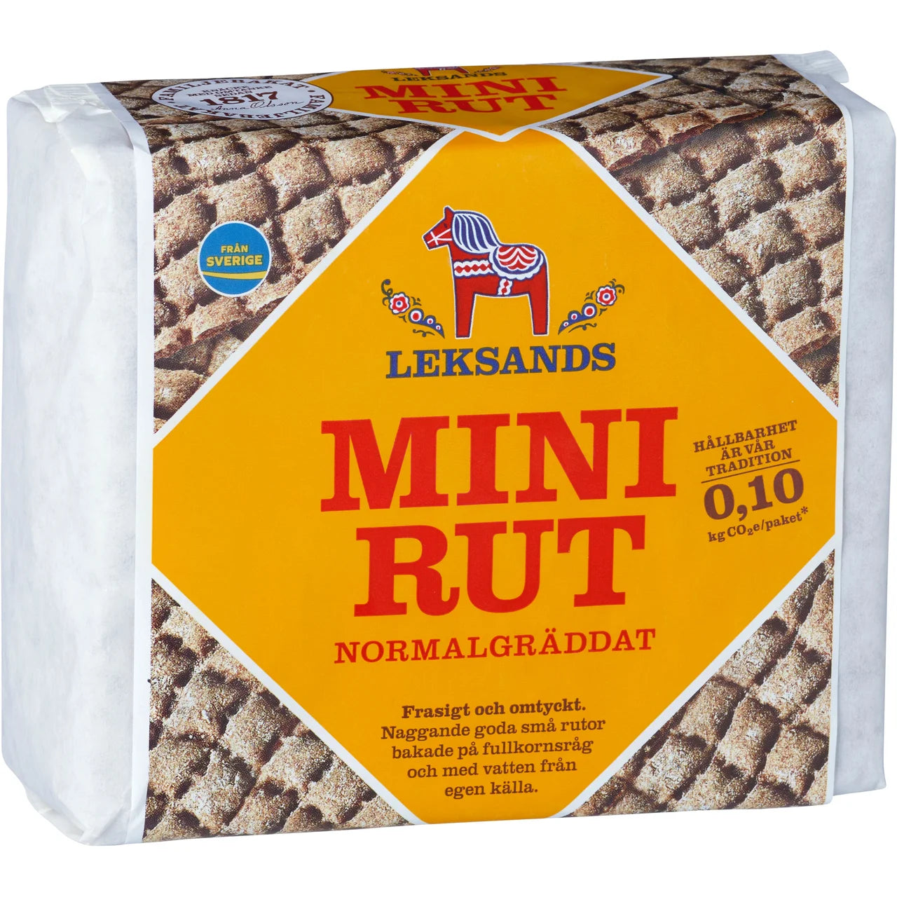Leksands Mini Rut Normalgräddat 200g – Swedish small square rye crispbread, 100% whole grain, made with spring water, Dalahäst on pack, included in the Kalles Kaviar Taste Box Medium
