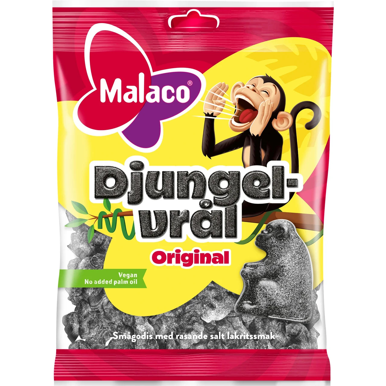 Malaco Djungelvrål Original 90g – Swedish salty licorice monkey-shaped candy with salmiak coating, included in the Swedish Candy Box Small
