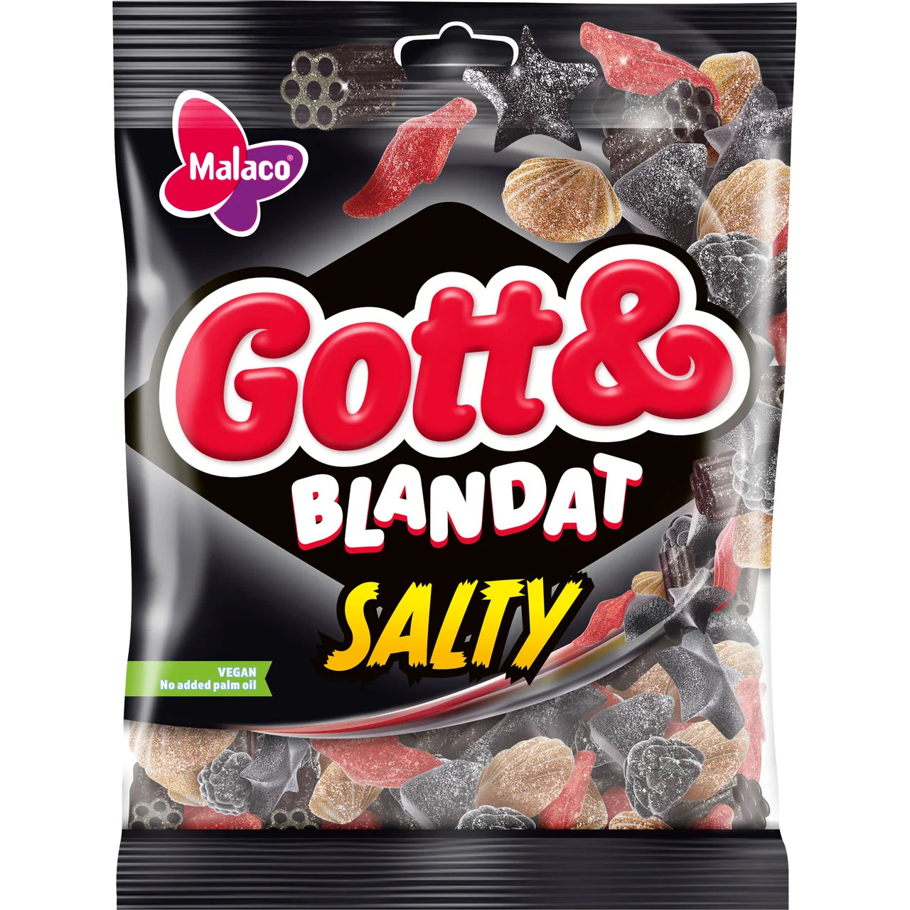 Malaco Gott & Blandat Salty 210g – Swedish mixed salty licorice assortment in black bag, vegan, no added palm oil, multiple shapes and textures, included in the Swedish Licorice Taste Box Small
