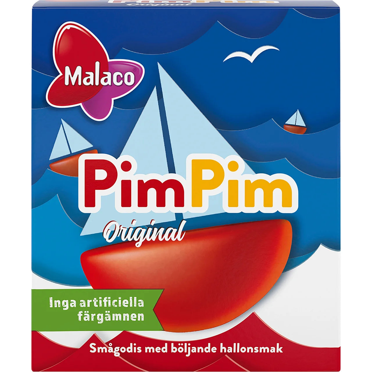 Malaco PimPim Original Tablettask 20g – blue and red candy box with sailboat illustration, PimPim lettering in red and yellow, raspberry-flavored boat-shaped candy, no artificial colors, Malaco butterfly logo
