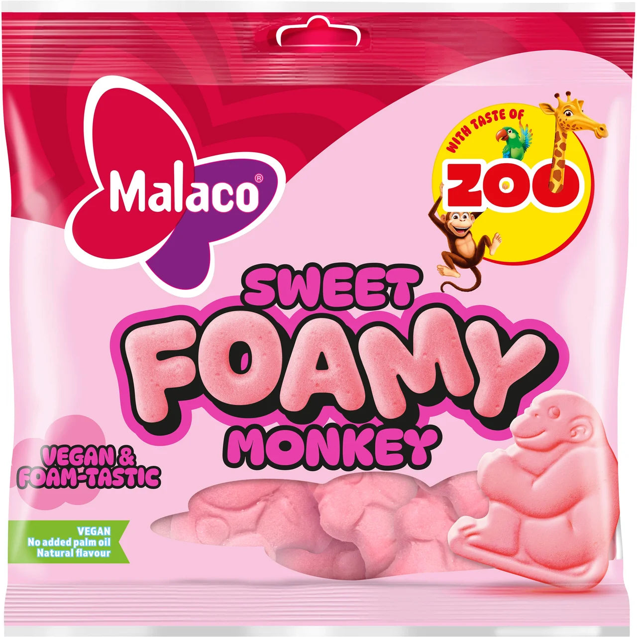 Malaco Zoo Sweet Foamy Monkey 115g – soft pink fruity foam candy, vegan, included in the Swedish Candy Box Large
