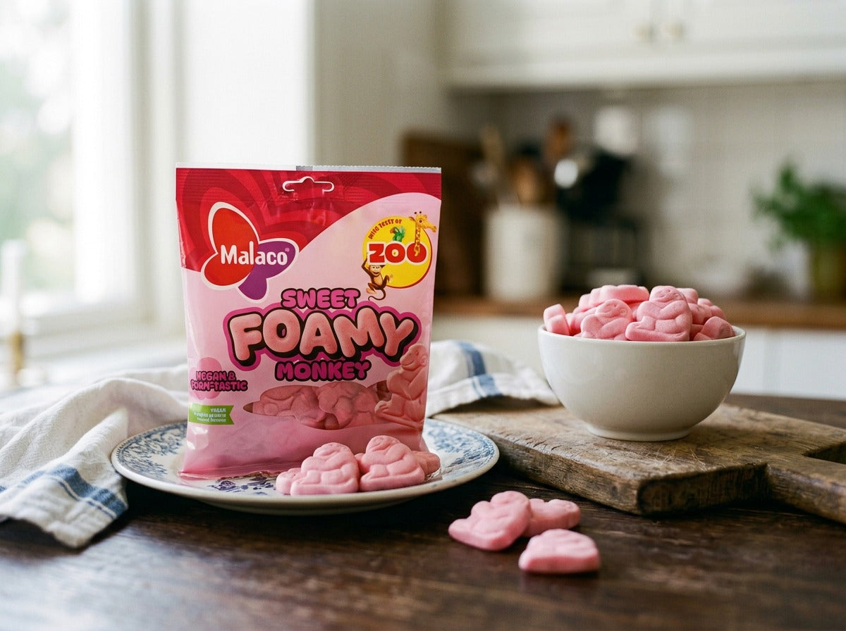 Malaco Zoo Sweet Foamy Monkey 2 × 115g – Swedish large soft foam monkey-shaped candy with fruity Zoo flavour, no sour coating, gelatin-free and vegan
