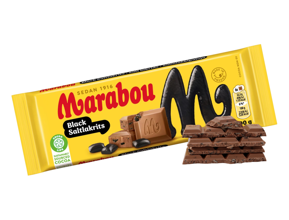 Marabou Black Saltlakrits 100g – Swedish milk chocolate bar with salty licorice pieces, made in Sweden sedan 1916, sustainably sourced cocoa, included in the Swedish Licorice Taste Box Small

