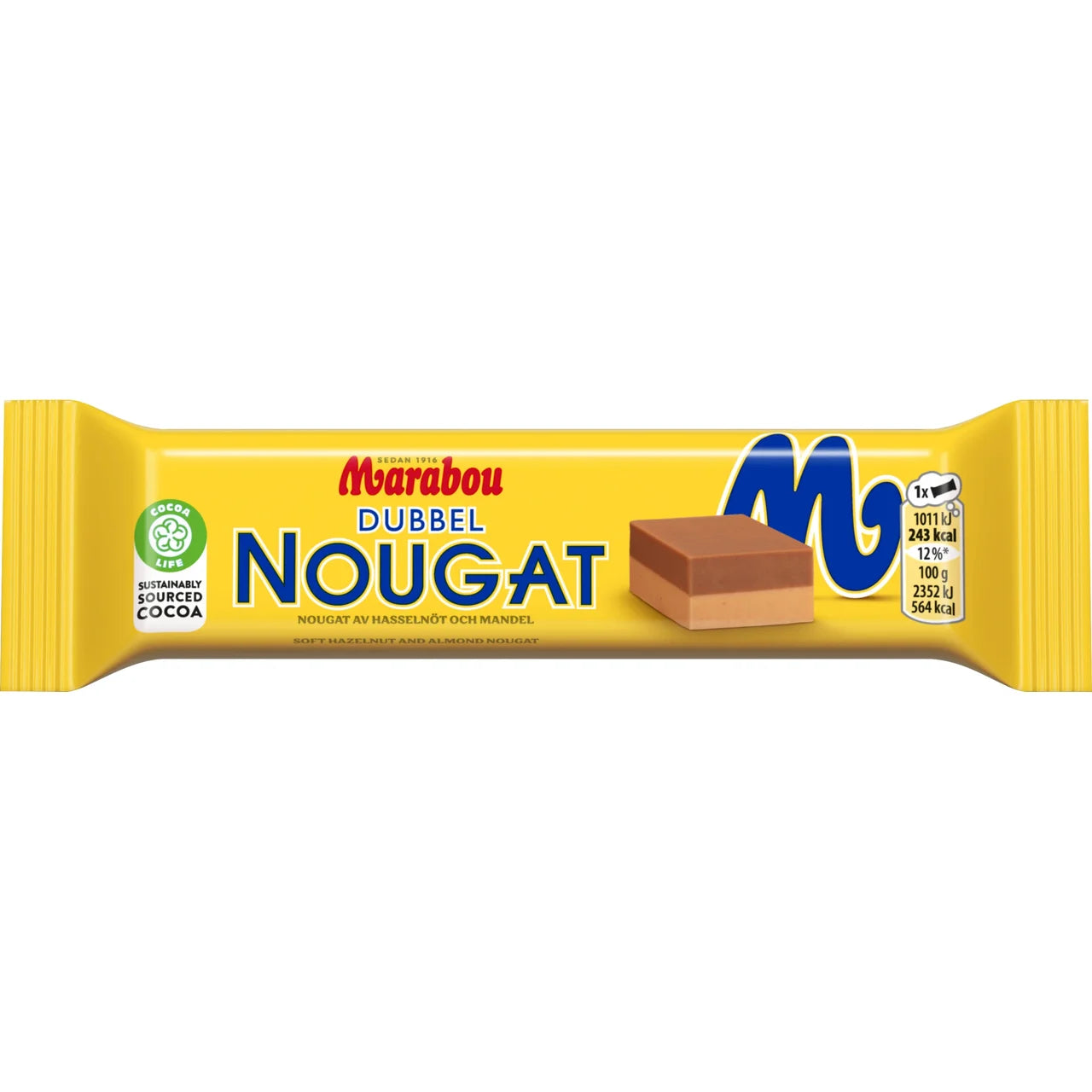 Marabou Dubbel Nougat 43g – classic Swedish double-layer hazelnut and almond nougat bar, included in the Swedish Candy Box Large
