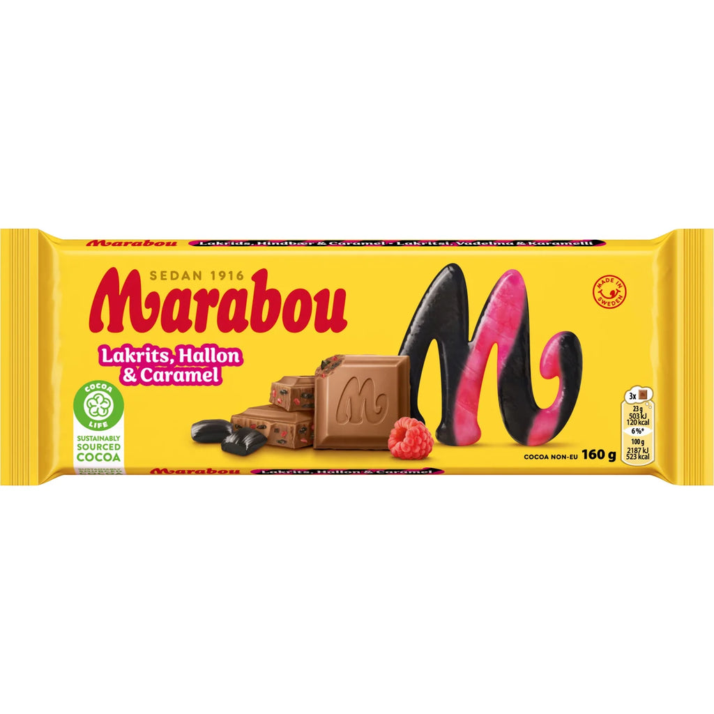 Marabou Lakrits Hallon & Caramel 160g – Swedish milk chocolate bar with licorice, raspberry and caramel pieces in yellow wrapper, sedan 1916, sustainably sourced cocoa, made in Sweden, included in the Swedish Licorice Taste Box Large
