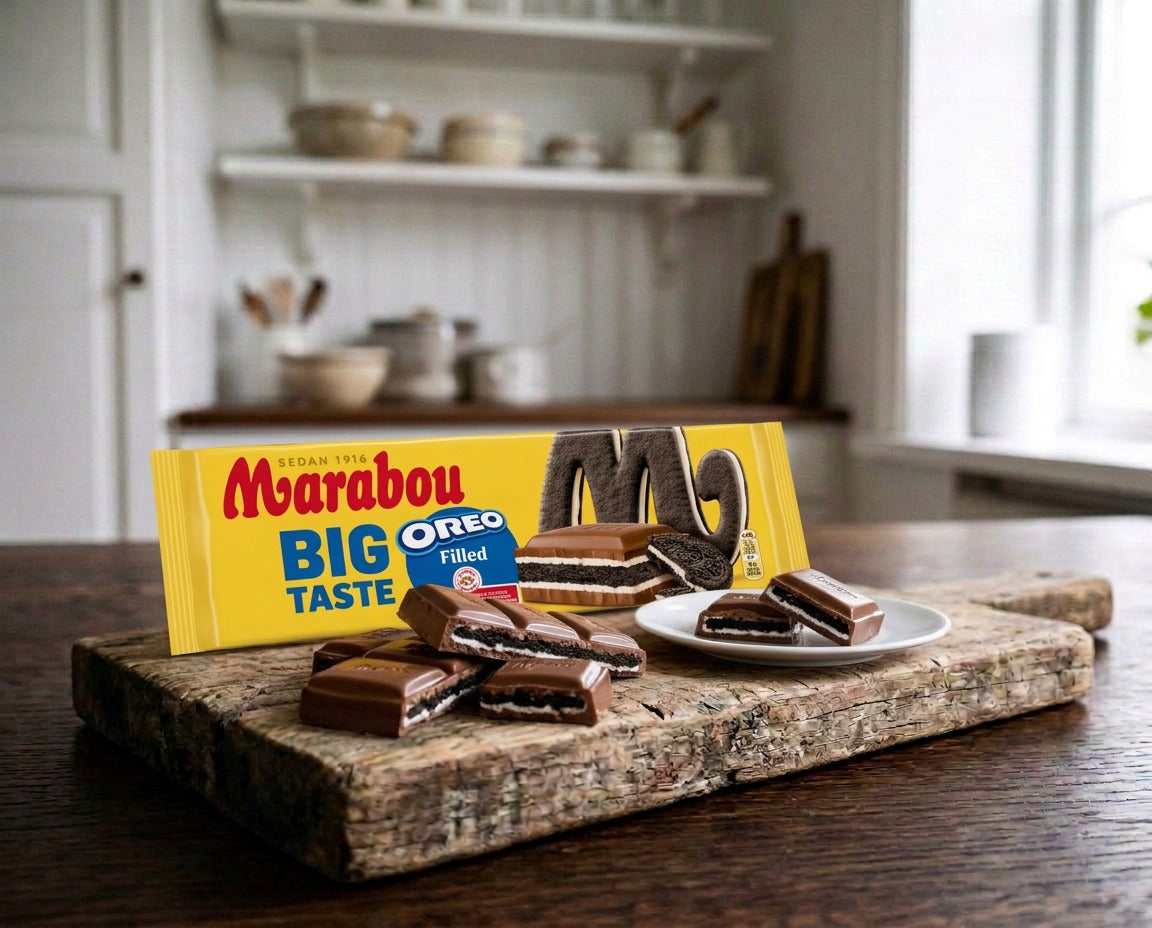 Marabou Oreo Big Taste Filled 300g Swedish milk chocolate bar with crunchy Oreo biscuits and creamy vanilla filling