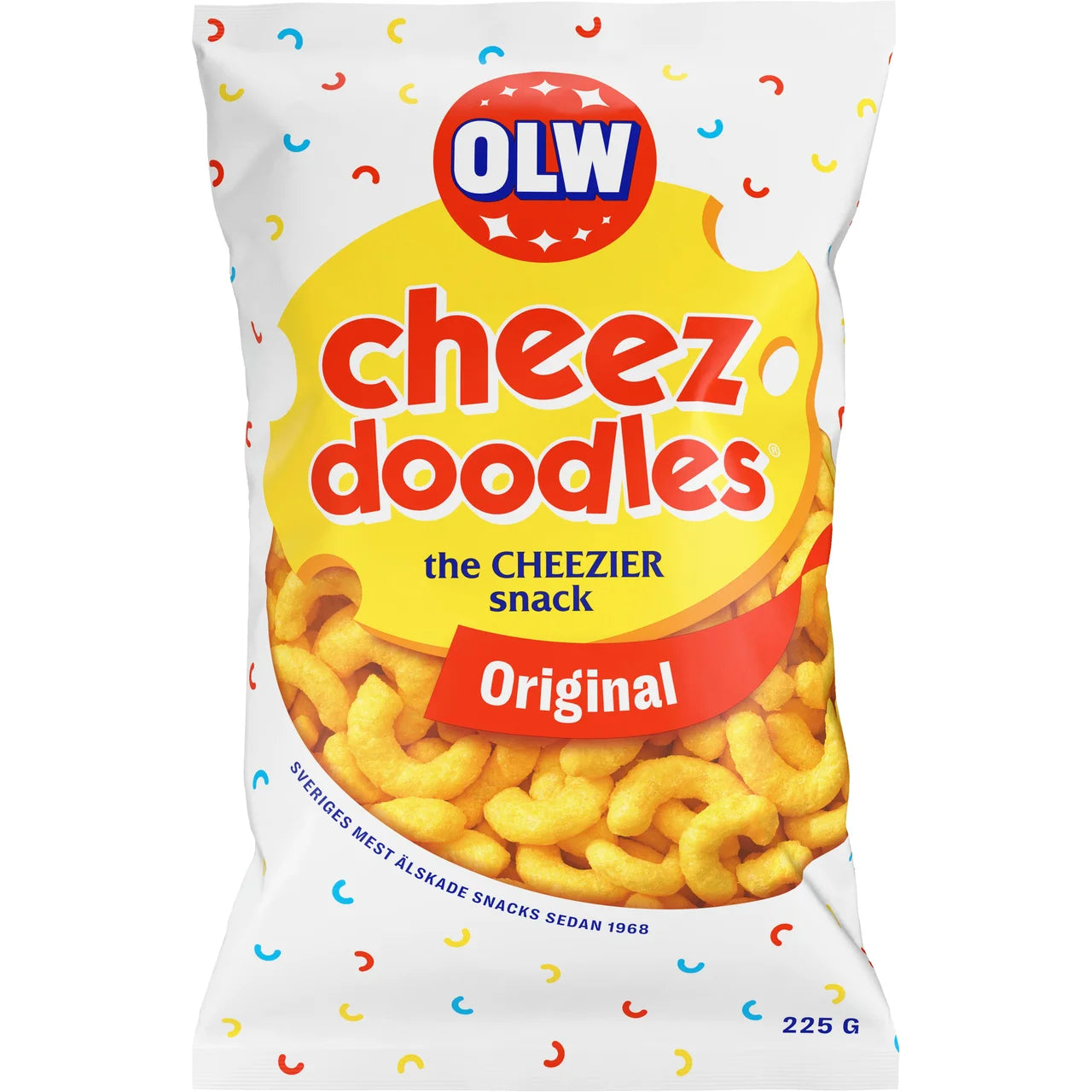 OLW Cheez Doodles Original 225g – Swedish cheese-flavored corn puffs in white bag, Sveriges mest älskade snacks sedan 1968, included in the Swedish Fredagsmys Box Small
