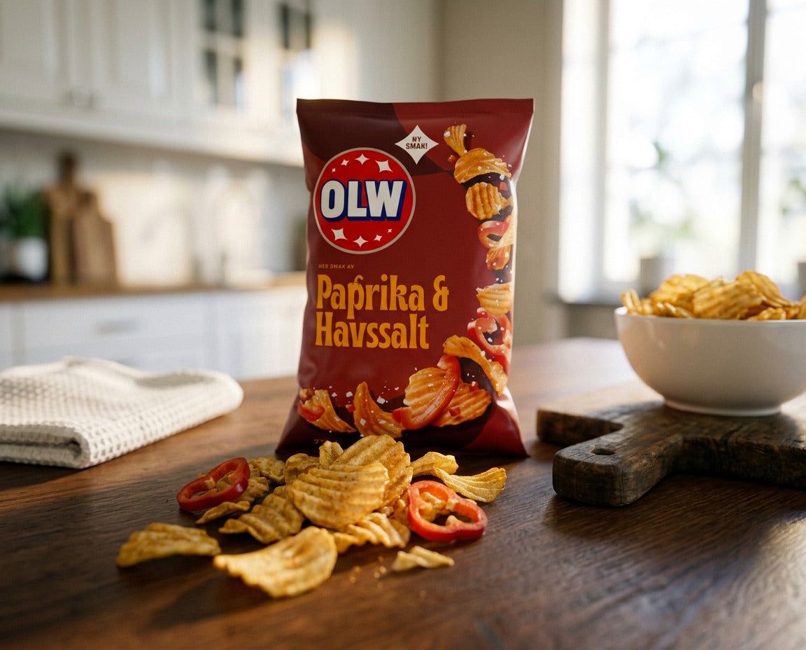 OLW Chips Röd Paprika and Havssalt 275g Swedish ridged potato chips with red paprika and sea salt