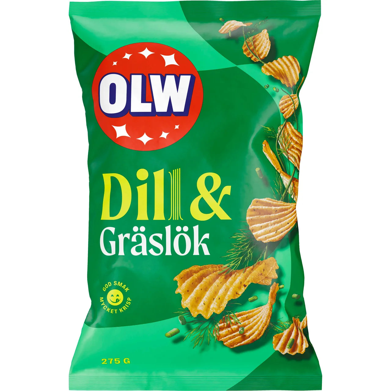 OLW Dill & Gräslök Chips 275g – Swedish ridged potato chips with dill and chive seasoning in green bag, god smak mycket krisp, included in the Swedish Fredagsmys Box Medium

