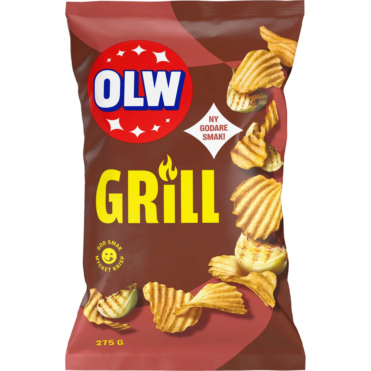 OLW Grillchips 275g – Swedish ridged potato chips with grilled onion seasoning in dark red bag, ny godare smak, god smak mycket krisp, included in the Swedish Fredagsmys Box Medium
