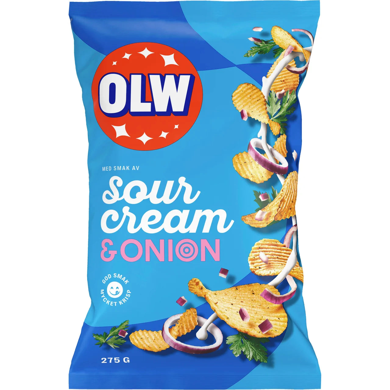 OLW Sourcream & Onion Chips 275g – Swedish ridged potato chips with sour cream and onion seasoning in blue bag, Sveriges mest älskade snacks, included in the Swedish Fredagsmys Box Small
