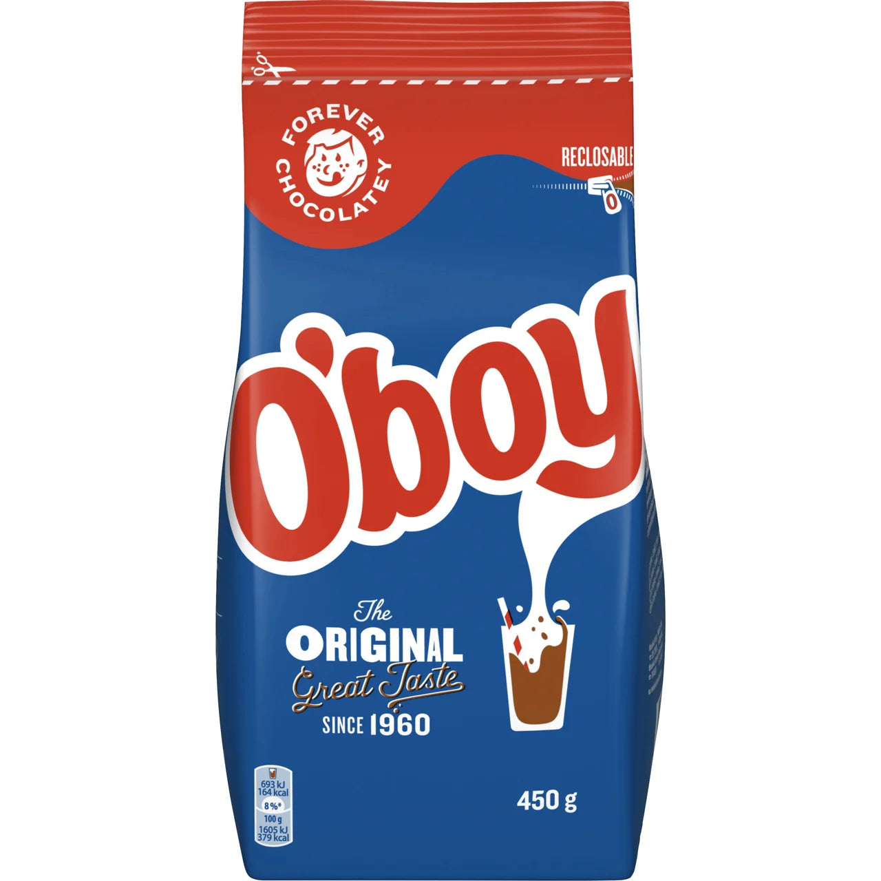 O'boy Original Chocolate Drink Mix 450g – blue and red reclosable pouch with O'boy logo, Forever Chocolatey tagline, Since 1960, 450g, Swedish chocolate drink mix for cold or warm milk
