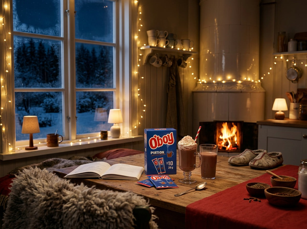 O'boy Portion box and hot chocolate with whipped cream on a wooden table by a fireplace on a cosy Swedish winter evening
