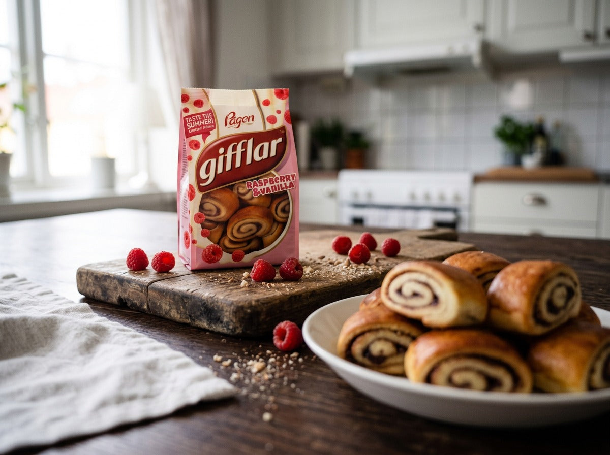 Pågen Gifflar Raspberry 260g – Swedish Mini Raspberry & Vanilla Sweet Rolls in a kitchen