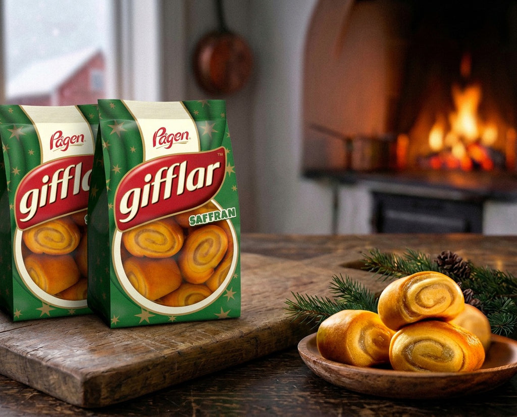 Pågen Gifflar Saffran 260g Swedish soft saffron rolls with creamy almond filling for Advent and Christmas fika