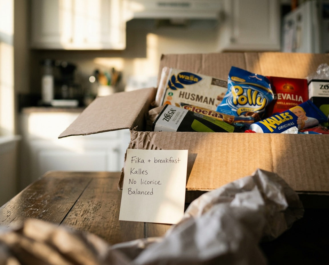 Personalized Swedish food box packed from customer preferences with Swedish favorites