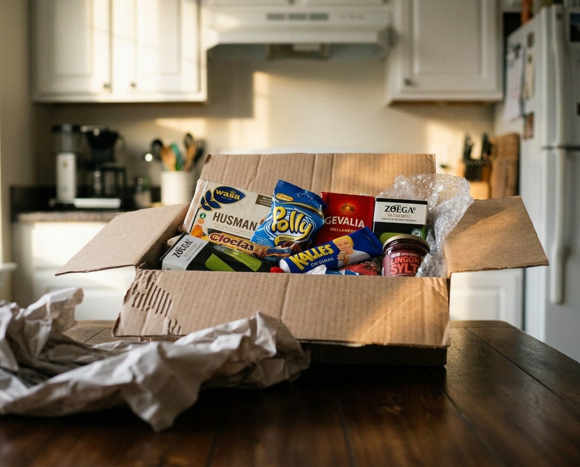 Personalized Swedish food subscription box with Swedish favorites packed in Sweden