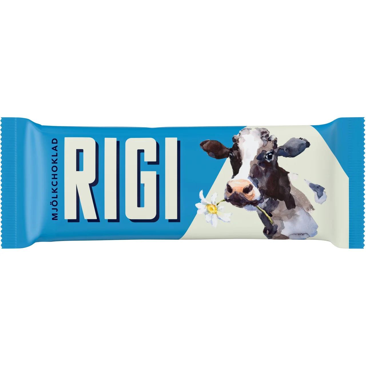 RIGI Mjölkchoklad 20g – light blue wrapper with bold white RIGI lettering, Mjölkchoklad text in dark blue, illustrated black and white dairy cow holding a daisy, individual Swedish milk chocolate bar, 20g
