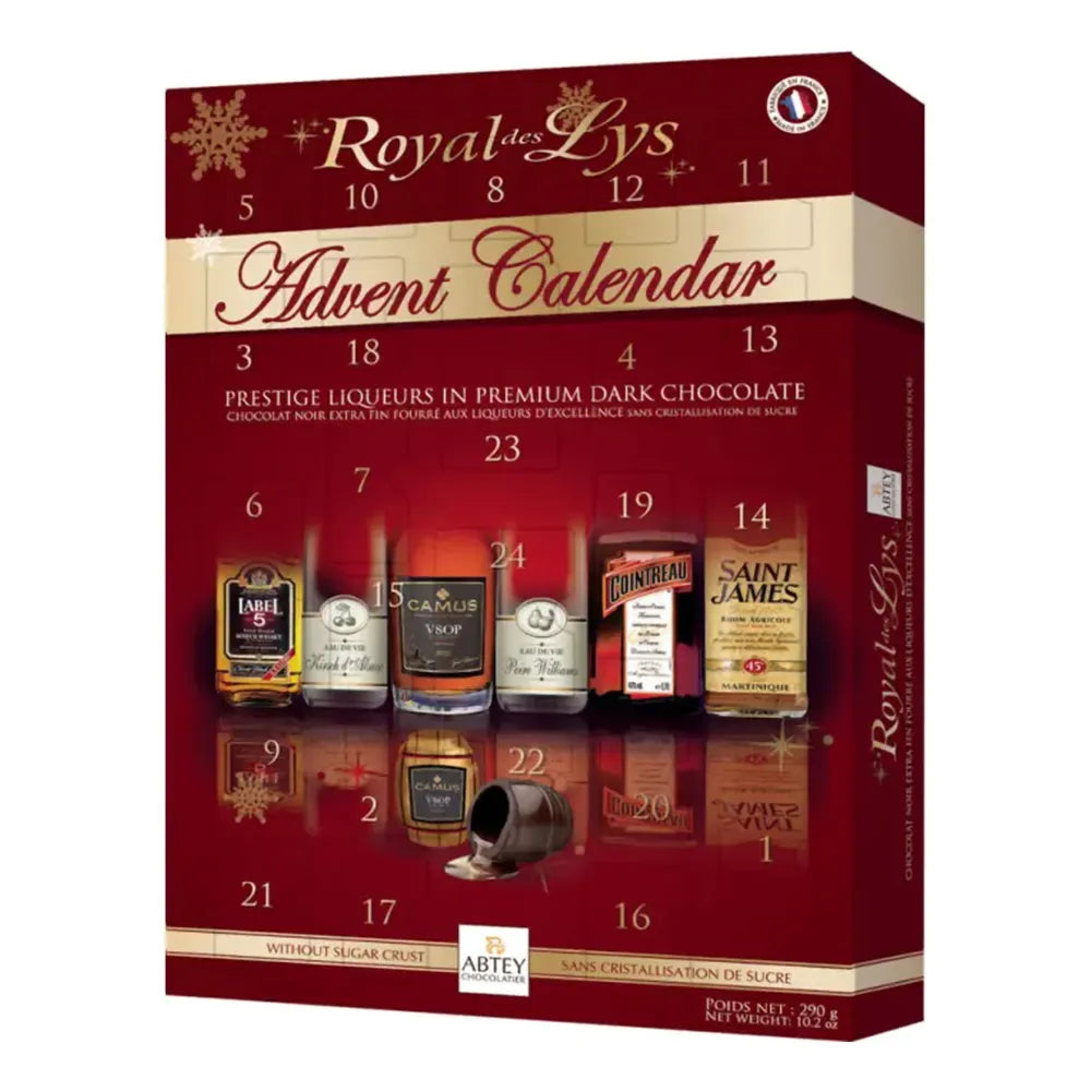 Royal des Lys Advent Calendar 290g with 24 dark chocolate pralines filled with cognac brandy rum Cointreau and whisky