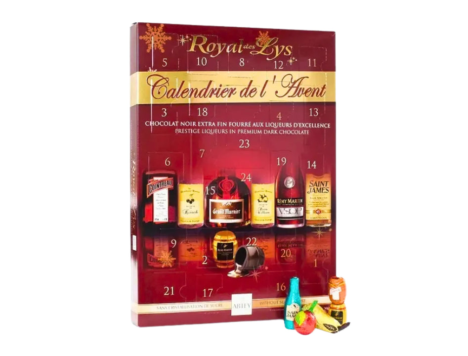 Royal des Lys Advent Calendar 290g with 24 dark chocolate pralines filled with cognac brandy rum Cointreau and whisky