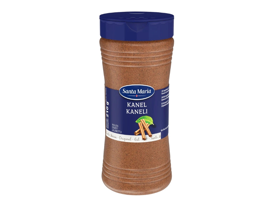 Santa Maria Kanel Malen 210g jar – finely ground Swedish cinnamon (Cinnamomum burmannii) in a large blue-lidded spice jar, made by Santa Maria
