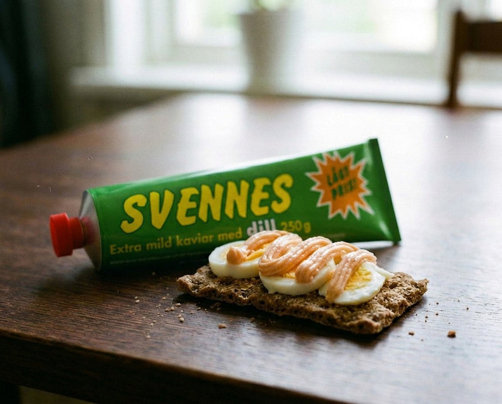 Svennes Kaviar Dill served on Swedish crispbread with boiled egg – classic Scandinavian breakfast spread
