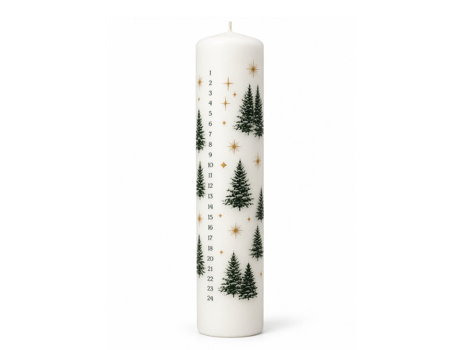 Swedish Advent calendar candle 25cm in ivory white with dark green Christmas trees gold stars and numbers 1 to 24