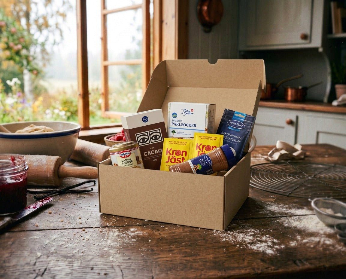 Swedish Baking Box – Small open on a rustic wooden kitchen table showing Dan Sukker pearl sugar, Fazer Ögon Cacao, Dr. Oetker vanilla sugar, KronJäst dry yeast and Santa Maria cardamom, with baking tools and a garden window in the background
