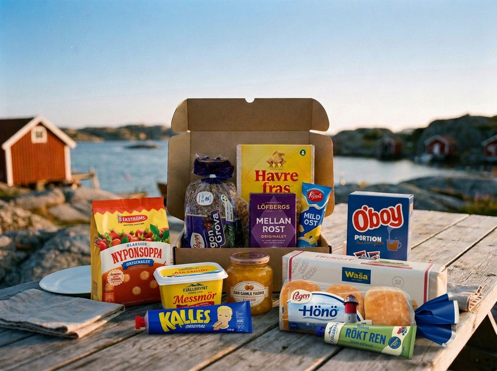Swedish Breakfast Box Large open on a weathered wooden table by the Swedish west coast archipelago – Ekströms Nyponsoppa, Löfbergs Mellanrost, Havrefras, Kavli Mildost, O'boy Portion, Wasa Frukost, Pågen Hönökaka, Fjällbrynt Rökt Ren, Kalles Kaviar, Fjällbrynt Messmör, Den Gamle Fabrik orange marmalade and Pågen LingonGrova inside, with red boathouses and sea in the background
