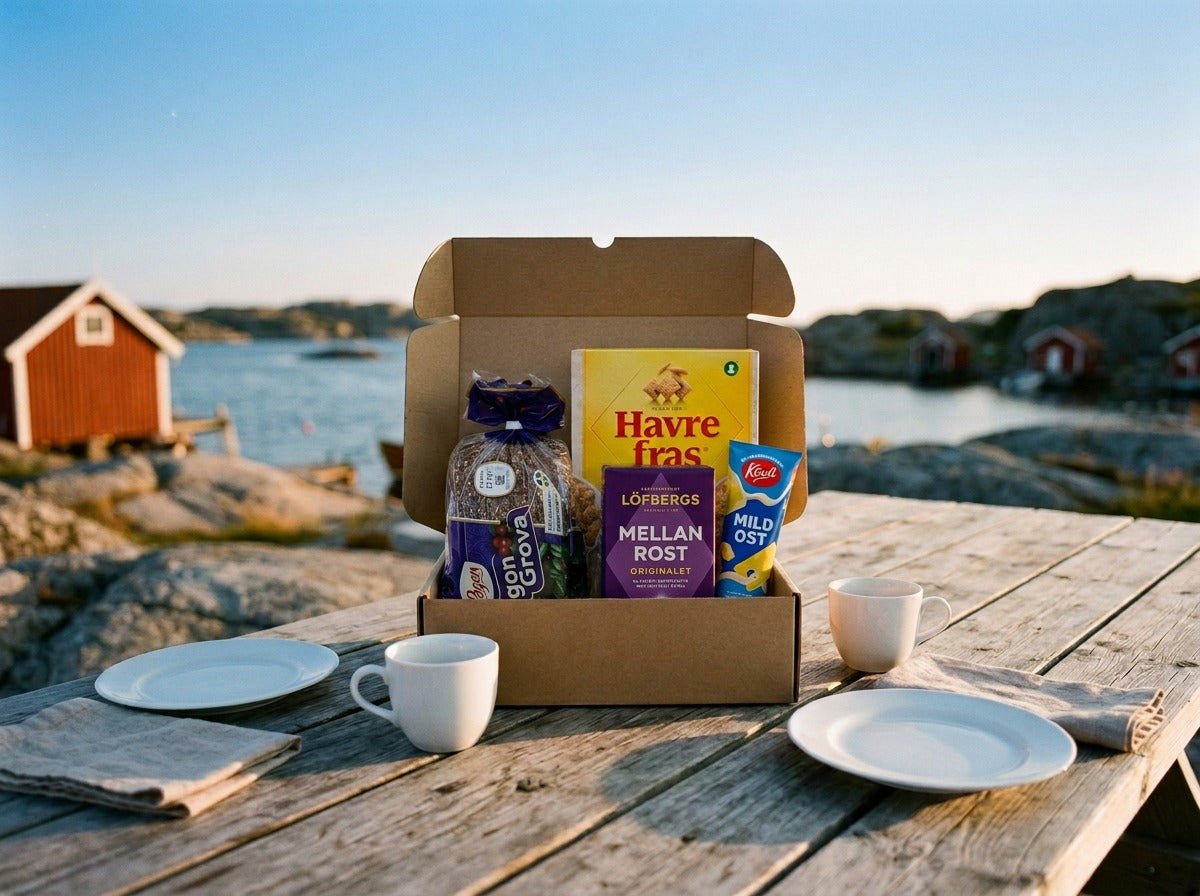 Swedish Breakfast Box Small open on a weathered wooden table by the Swedish west coast archipelago – Pågen LingonGrova, Havrefras, Löfbergs Mellanrost coffee and Kavli Mildost inside, with red boathouses and sea in the background
