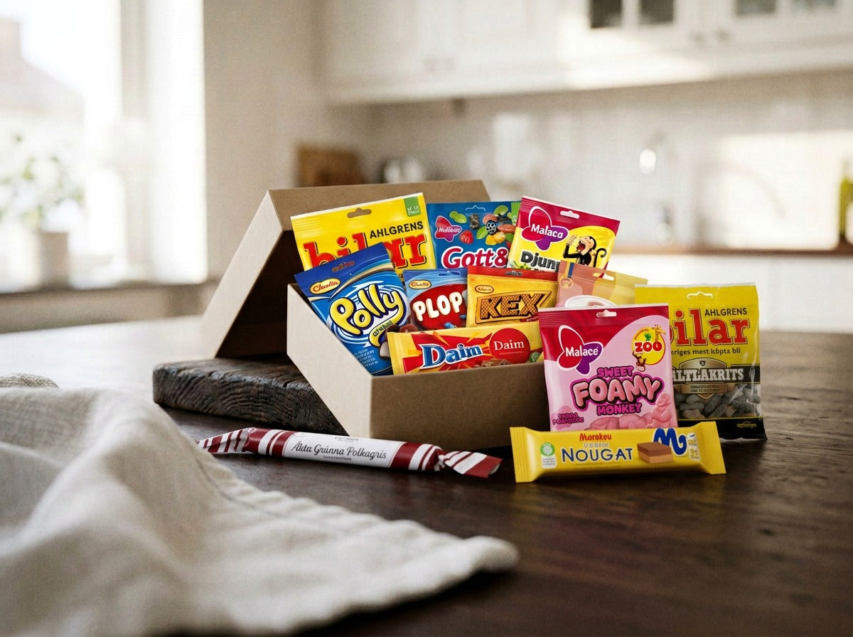 Swedish Candy Box Large open on a wooden table – Ahlgrens Bilar, Polly, Gott & Blandat, Djungelvrål, Plopp, Kexchoklad, Daim, Malaco Zoo, Marabou Nougat, Polkagris and Ahlgrens Bilar Saltlakrits inside
