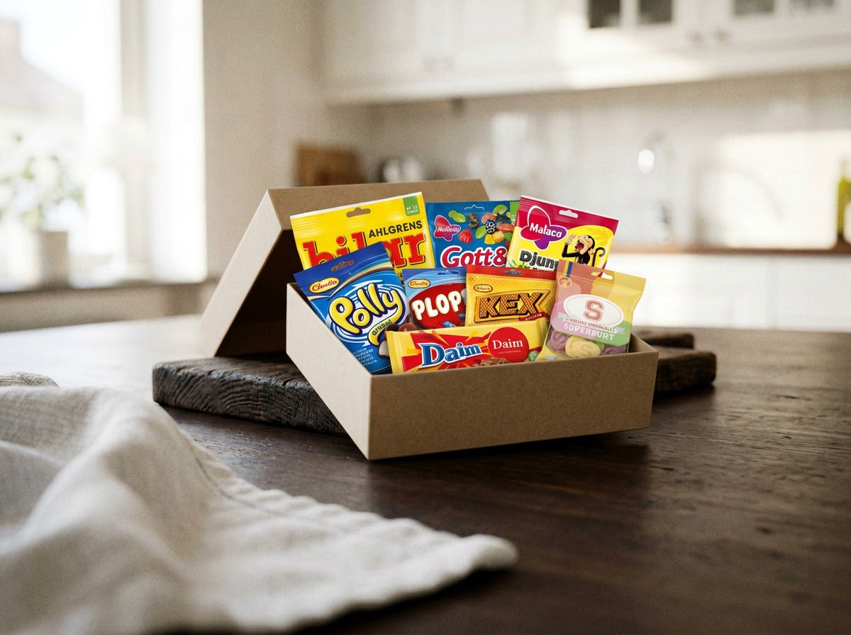 Swedish Candy Box Medium open on a wooden table – Ahlgrens Bilar, Polly, Gott & Blandat, Djungelvrål, Plopp, Kexchoklad, Marabou Daim and S-Märke Supersurt inside
