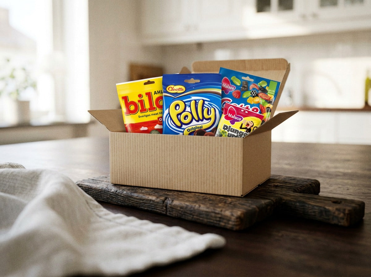 Swedish Candy Box Small open on a wooden table – Ahlgrens Bilar, Cloetta Polly, Malaco Gott & Blandat and Djungelvrål inside
