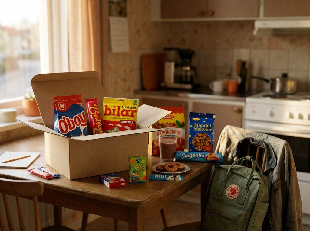 Swedish Childhood Nostalgia Box Medium open on a wooden kitchen table showing O'boy, Ballerina, Ahlgrens Bilar, Nyponsoppa and Mandelbiskvier inside, glass of chocolate milk and Ballerina cookies on a plate, Palle Kuling and RIGI on the table, Fjällräven backpack on a chair, warm Swedish kitchen interior
