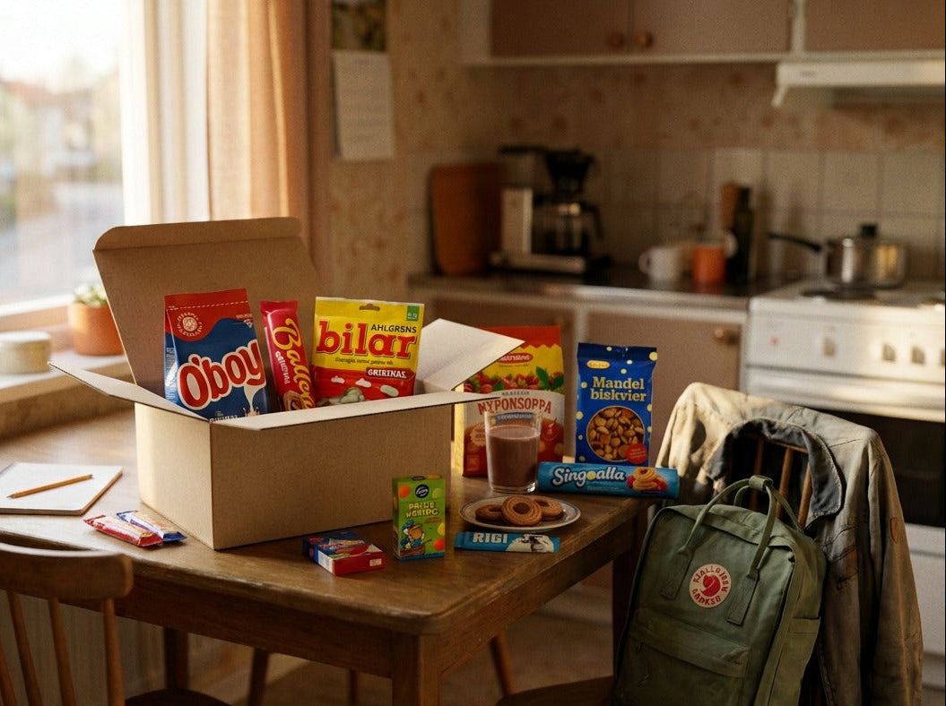 Swedish Childhood Nostalgia Box Medium open on a wooden kitchen table showing O'boy, Ballerina, Ahlgrens Bilar, Nyponsoppa and Mandelbiskvier inside, glass of chocolate milk and Ballerina cookies on a plate, Palle Kuling and RIGI on the table, Fjällräven backpack on a chair, warm Swedish kitchen interior
