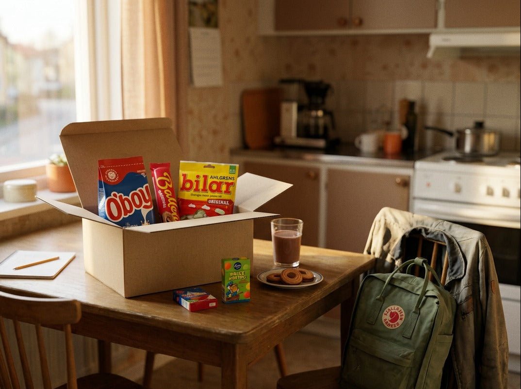 Swedish Childhood Nostalgia Box Small open on a wooden kitchen table showing O'boy, Ballerina and Ahlgrens Bilar inside, glass of chocolate milk and Ballerina cookies on a plate beside it, Fjällräven backpack on a chair, warm Swedish kitchen interior

