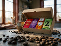 Swedish Coffee Taste Box Small open on a rustic wooden table in warm morning light, showing four Swedish ground coffee bags – Gevalia Mellanrost, Löfbergs Mellanrost Originalet, Arvid Nordquist Gran Dia and Zoégas Fikastund – with scattered coffee beans and a steaming mug beside the box
